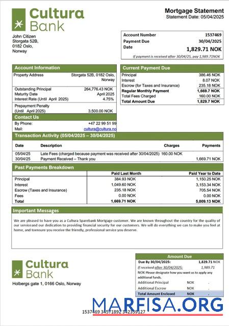 Blank Norway Cultura Sparebank mortgage statement Word and PDF template